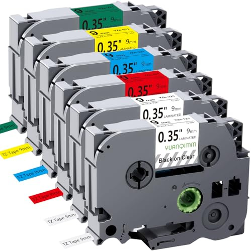 Kompatibel mit Brother p-touch Bänder 9mm Laminiert Tz Tape für pt1010 h110 | 0,35 Schriftband TZe-221 TZe-121 TZe-421 TZe-521 TZe-621 TZe-721 Etikettenband für PT-H105 H107 H101 H75 D400 CUBE, 6er Pack