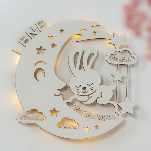 LAUBLUST Luce notturna per neonati - Regalo personalizzato per nascita e battesimo per bambine e bambini - Motivo Coniglio di Luna | Bianco - Illuminazione a LED per la cameretta del bambino