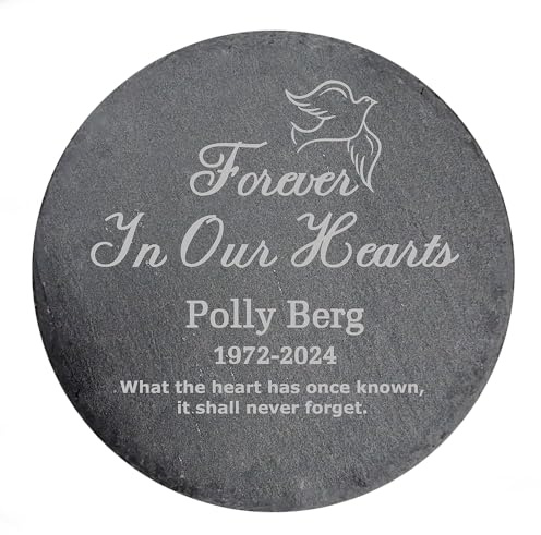 GiftsForYouNow Engraved Forever in Our Hearts Personalized Memorial Garden Stone, 10 in Diameter, Headstone, Temporary Grave Marker, Sympathy Gift Round Slate