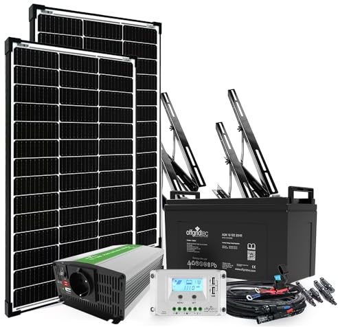 Offgridtec 200W Garten-Solaranlage 12V, Off-Grid-Komplettsystem mit AGM 122Ah Batterie, 500W reiner Sinus-Wechselrichter, PWM Pro 20A USB-Laderegler, 2× 100W Mono-PERC-Module, Wand- oder Bodenmontage