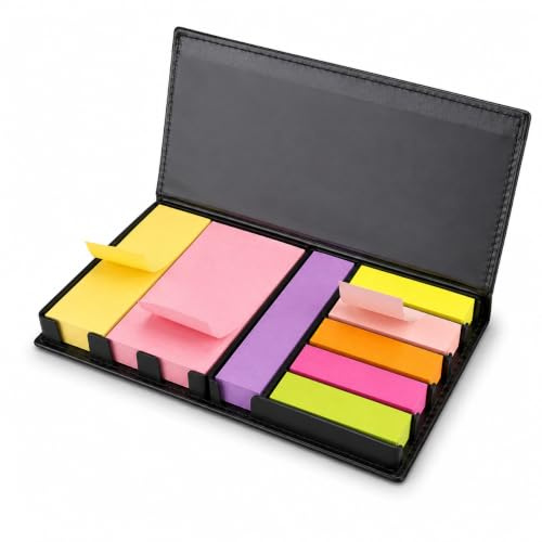 1000pcs Sticky Memo Notes Holder with Index Tab Flags in Leather Like Case, Colourful Removable Adhesive Memo Pads for Office, Home & School Use (Package May Vary)