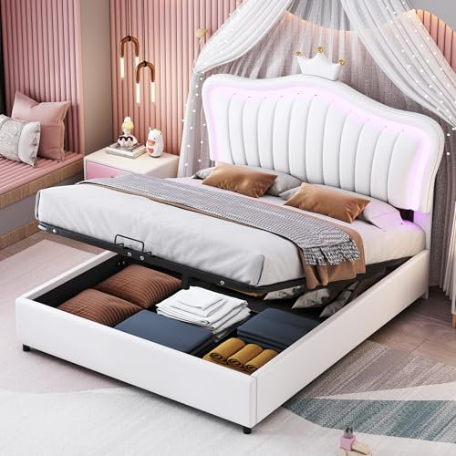 Ctastay Kinderbett Polsterbett Stauraumbett 140x200 cm mit LED- Licht, Bett Mädchenbett Prinzessinnenbett mit Hydraulischem Speicher, Doppelbett Bettgestell mit Lattenrost, PU, Weiß (Ohne Matratze)