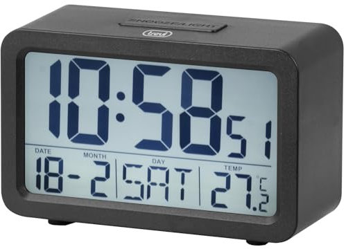 Trevi SLD 3P60 Sveglia Digitale con Grande Display LED Retroilluminato, Orologio con Termometro, Calendario, Funzioni Timer e Snooze, Alimentazione a Batterie AA, Facile da Utilizzare, Nero