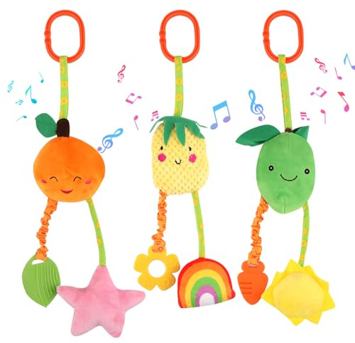 3 Pack Baby Pram Toy, Pushchair Hanging Rattle Toys, Clip on Car Seat Stroller Toys, Plush Sensory Toy for Newborn 0-6 Months, Car Crib Travel Activity Toy