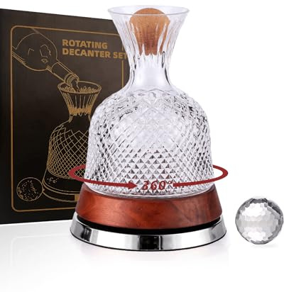Rotating Wine Decanter Set with Solid Wood Base, Fun Crystal Glass Wine Carafe, Red Wine Decanter, Wine Accessories, Wine Gifts, Perfect for Home Bar (Silver Accents)