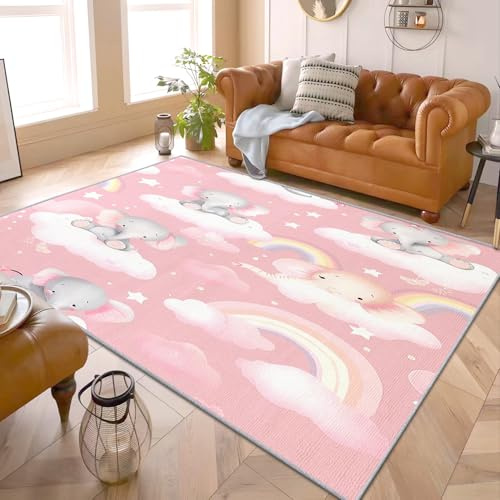 Baby Teppich Elefant - Teppich Wohnzimmer Schlafzimmer Babyzimmer Elefant, Großer Teppich Kinder Elefant Rosa, Weich Kurzflor & Waschbar & rutschfest Kinderteppich, Bettvorleger 120x170 cm