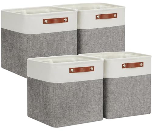 VIIHTYISA Scatola Portaoggetti In Tessuto 33x33x33cm, Set di 4 Cestini Cubici per Armadio, Ccaffale e Vestiti, Grigio&Bianco