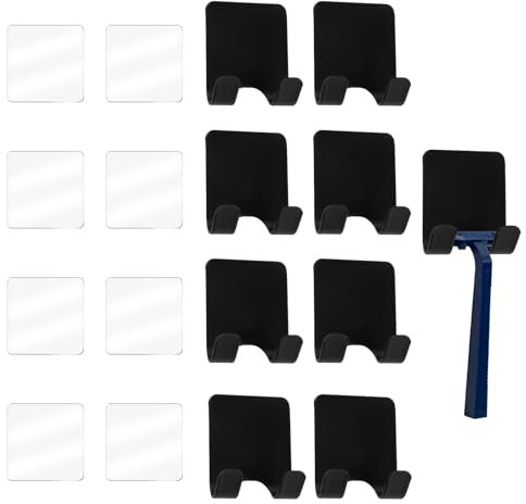 8PCS Ganci Adesivi Acciaio Inox, Ganci Porta Rasoio Autoadesivi, Ganci Da Parete Senza Trapano per Bagno, Cucina, Doccia E Ufficio, Design Moderno Con Doppio Gancio, Finitura Nera Opaca
