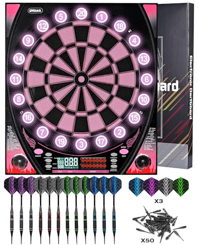 Electronic dartboards for Adults, Dartboard with Bright Score Display, Multiple Games, and Durable Design-Perfect for Family Fun and Competitions-Includes Soft Tip with 12 Darts(Pink-Grey, with lamp)