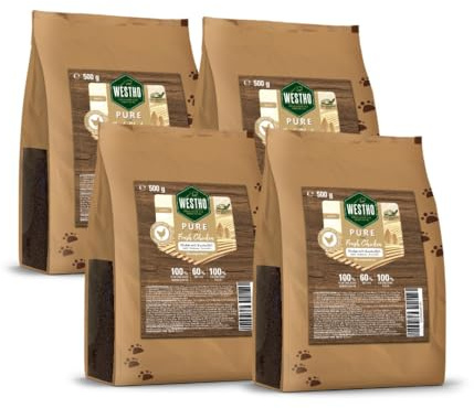 WESTHO Trockenfutter Pure Huhn & Kartoffel 4x500 g, getreidefrei | Sensitiv & auch bei Unverträglichkeiten geeignet, in Lebensmittelqualität – für alle Rassen