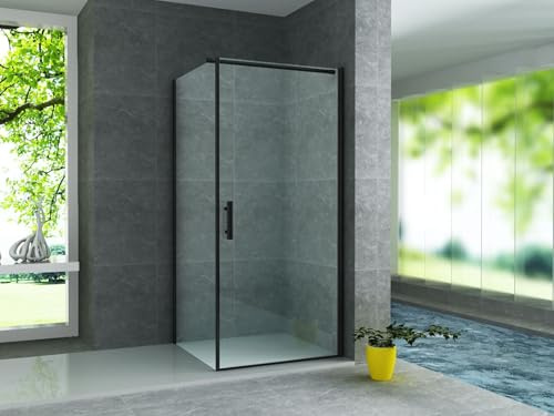 Belvit Duschkabine Drehtür Matt Schwarz mit Seitenwand 80x80x190 cm | 6 mm Sicherheitsglas