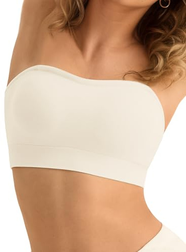 SHARICCA Axelbandslös behå för kvinnor utan bygel, sömlös bandeau bh utan remmar, push-up, sömlös tubtopp, bh, vadderad bralette med halkfri silikonstrapless BH, Krämfärgad, M
