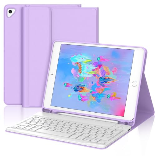 FOGARI Teclado para iPad 6/5 Generación 2018/2017, iPad Air 2/1 2014/2013 | Funda para iPad 9.7 Pulgadas con Español Ñ Teclado Bluetooth Wireless, Púrpura Ligera