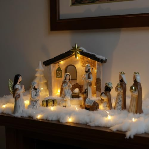 WANCHIY Christmas Nativity Scene Set - 14 Pieces Nativity Set with Manger for Nativity Scene Indoor Use, The Holy Birth Story Figures- Christian Christmas Decorations & Figures (Classic)