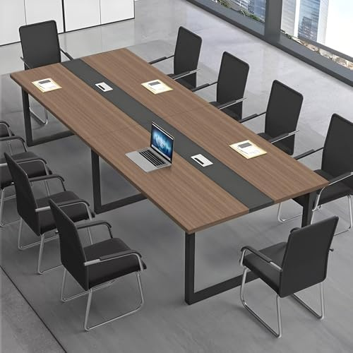 CCUKTFN Mesa de Reuniones Grande, Mesa de Conferencias Moderna con Conducto para Cables y Estructura de Metal Negro, Rectangular, para 8-12 Personas, Ideal para Oficina y Sala de Seminarios