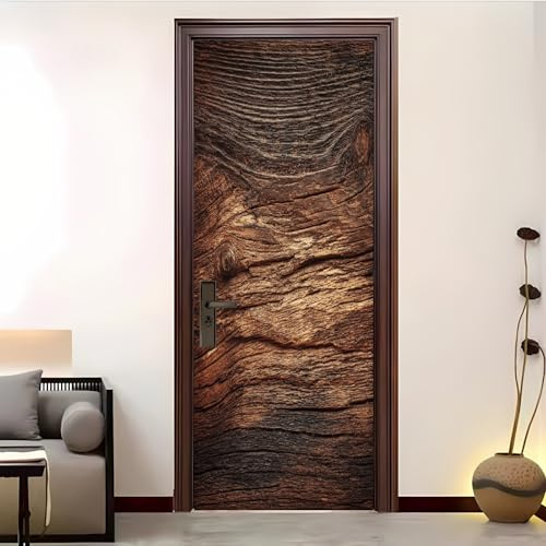 Adesivi Per Porte Rimuovibile Senza Residui 82x200 cm Strisce Di Legno Retrò 3D Pvc Impermeabile Autoadesivo Adesivo Porta, Marrone Scuro Poster per Porta per Decorazione Casa