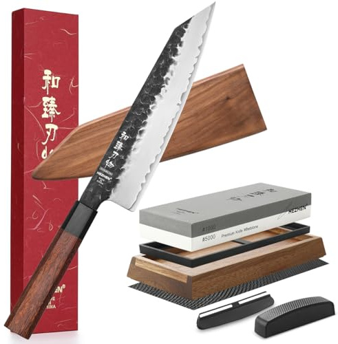 HEZHEN Cuchillo de Kiritsuke de Acero Compuesto con Vaina de Madera con Piedra de Afilar 1000/5000 Doble Cara