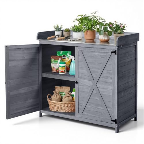 VEVOR Tavolo Lavoro da Giardino per Piante in Legno, Mobiletto Portaoggetti per Esterni con Piano in Legno da 98 x 48 cm, con Ampio Spazio di Archiviazione per Patio, Cortile, Grigio, Stile Mobiletto