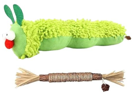 LUDHEP Juguete para Gatos, 2 Piezas, Oruga Peluche & Palos Vid Plateada, Juguete De Dentición para Gatos, Suave y Duradero, Alivio Estrés, Limpiar Los Dientes, para Dentición y Masticar Pateador
