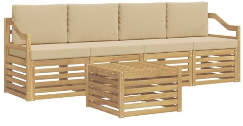 vidaXL Outdoor-Sofagarnitur mit Kissen 5 pcs Weiß und Beige Polyester, Garten Lounge-Sofa, strapazierfähige Außensitzgruppe, modernes Terrassenmöbel, bequemer Wohnbereich
