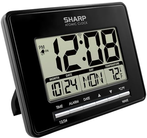 Sharp Atomic Desktop Clock – Auto Set Digital Alarm Clock - Atomic Accuracy - Easy to Read Screen with Time/Date/Temperature Display- Perfect for Nightstand or Desk