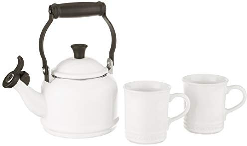 Le Creuset Demi Kettle & set of 2 Mug Set, White Enamel on Steel teakettle, 1.25 qt