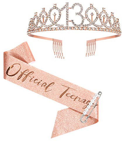 SZHUIHER 13. Geburtstagsschärpe und Krone, Roségold Offizielle Teenager-Schärpe und Tiara für Mädchen, 13. Geburtstagsgeschenke für alles Gute zum 13. Geburtstagsgeschenk