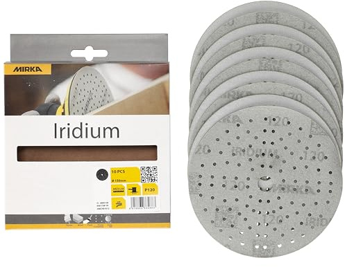 Mirka papel de lija Iridium 150 mm cierre adhesivo 121 agujeros grano 120 | Papel de lija premium grano 120 cierre adhesivo 121 agujeros ideal para madera acero y plásticos usos profesionales