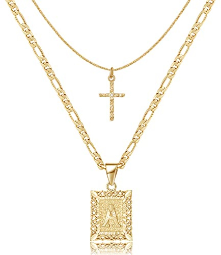 KELORIS PATH Gold Layered Initial Cross Necklace, 14K Gold Plated Layering Square Letter Pendant Figaro Chain Cross Choker from A-Z Capital Jewelry for Women(Letter A)