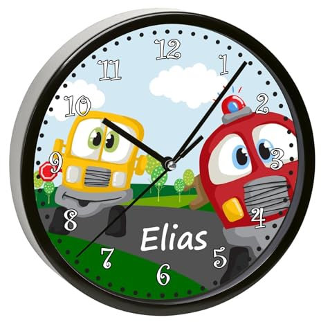CreaDesign, Wanduhr Kinder personalisiert mit Name, Motiv Auto-Cartoon, Rahmen Wanduhr schwarz, Ø 19,5 cm