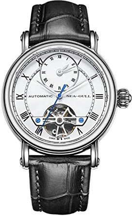 SEA-GULL Seagull Herrenuhr GMT Uhren Skelett Schwungrad Uhr für Herren Automatikuhr Master Series 519.11.6041, Schwarz , Riemen