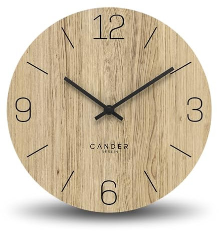 Cander Berlin MNU 2725 D Wanduhr Holz lautlos 25 cm modern Eichenfurnier Vintage ohne Tickgeräusche Küche Wohnzimmer analog