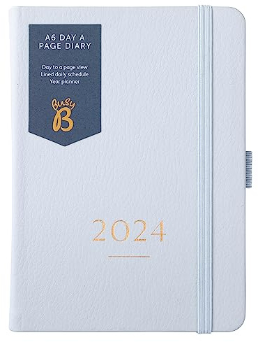 Busy B - Kompakten A6 Terminkalender mit einem Tag pro Seite von Januar bis Dezember 2024 - Cloud Blau - A6 Kunstleder Tagesplaner mit mit linierten Seiten, Notizen und Jahresplaner
