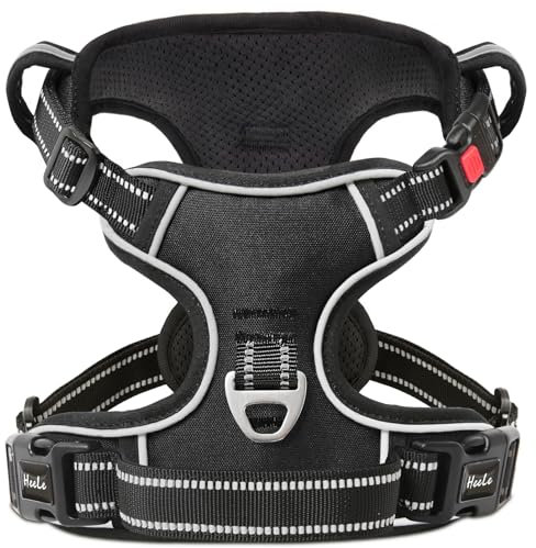 HEELE Hundegeschirr, Brustgeschirre für Hunde, Laufgeschirre Hund mit abschließbarem Schnappverschluss, einstellbare reflektierende Hundegeschirre, Offen am Hals, Anti Zug Dog Harness, Schwarz, M