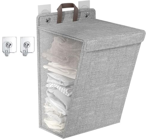 HNJZX Zusammenklappbarer Wäschekorb mit Deckel, wandhängender Wäschesack mit 2 Klebehaken, Aufbewahrungskorb für Kleidung und Spielzeug, Wäschekorb, ideal für Waschküche, Badezimmer, Schlafzimmer,