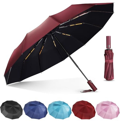 Lychico Windproof Travel Umbrella - Compact, Automatic Folding, 12 Ribs, Wind Resistant for Rain, Portable, Single Hand Use, Small, Light, Strong Backpack Protection, Red