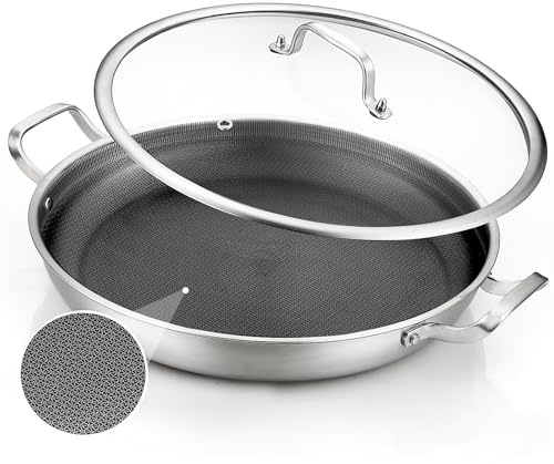 DELARLO Paella Pan 14 Inch Tri-Ply Stainless Steel Paella Pan with Lid Nonstick Frying Pan, Hybird Induction Large Skillets,Great for Paella Parties Indoors Outdoors,Heavy Duty Style