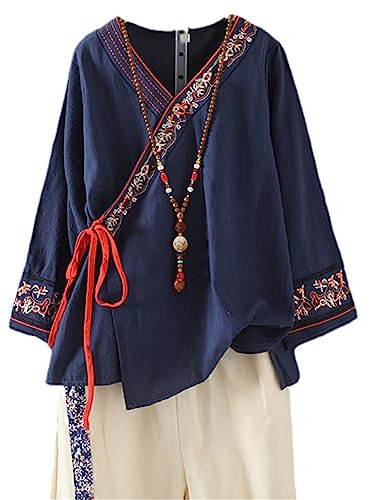 ZMIN Costume traditionnel chinois de printemps pour femme - Chemisier vintage à manches longues - Broderie à lacets - Hanfu, bleu marine, L