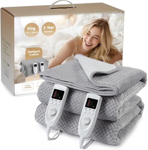 HAUSPROFI Electric Blanket King Size, Heated Underblanket Bed Warmer with Dual Control 5 Heat Settings 10 Timer Settings Soft Fleece Flannel, Machine Washable with Detachable Control (165 * 137cm)