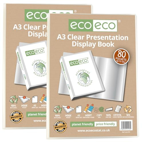 eco-eco A3 storlek 50% återvunnen, 80 fickor klar presentationsbok, förvaringsfodral, portfölj, konstmapp med plastfodral, paket med 2 eco153 x 2