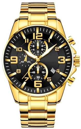 RORIOS Relojes Oro Cuarzo para Hombre Reloj de Pulsera Negocios Acero Inoxidable Reloj Multifuncional Cronógrafo Reloj Luminoso Analógico Negro