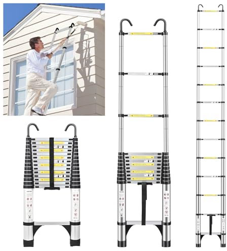 JADDUO Échelle Télescopique 4,4m, échelle Pliante en Aluminium avec Crochets,Marchepieds escamotables,Aluminium Échelle multifonctionnelle Charge 150kg,Espacement des Marches 30cm