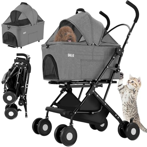 BAKAJI Poussette pour animaux domestiques 2 en 1 charge maximale 40 kg pliable et peu encombrant, capsule amovible, poussette pour chiens et chats avec transport amovible et panier de rangement (gris)