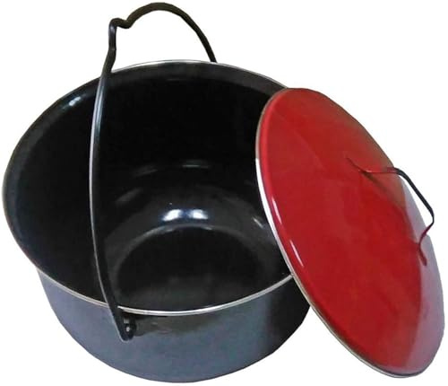 LEMODO Gulaschkessel mit rotem Deckel | Gulaschtopf 14 Liter Volumen | Emaillierter Kesselgulasch Topf | Kochtopf für Schwenkgrill | Suppenkessel mit Schöpfkelle | passend für unsere Gulaschkanone