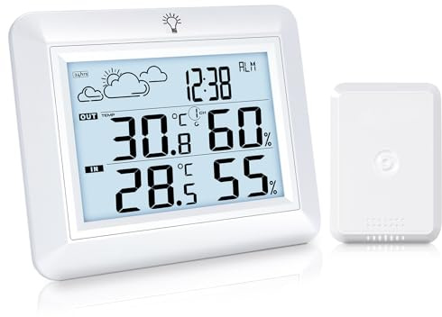 Urageuxy Station Meteo Sans Fil Avec Capteur Exterieur, Thermometre Interieur Exterieur Avec Hygrometre, Prévisions Meteo, Alarmes, Enregistrement MIN/MAX, Portée de 100M, Rétroéclairage