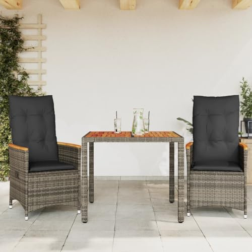 LoogCape Ensemble de bistrot 3 pièces avec coussins, gris, ensemble de meubles de jardin en polyrotin, fauteuils de relaxation réglables, table en bois d'acacia pour balcon et terrasse