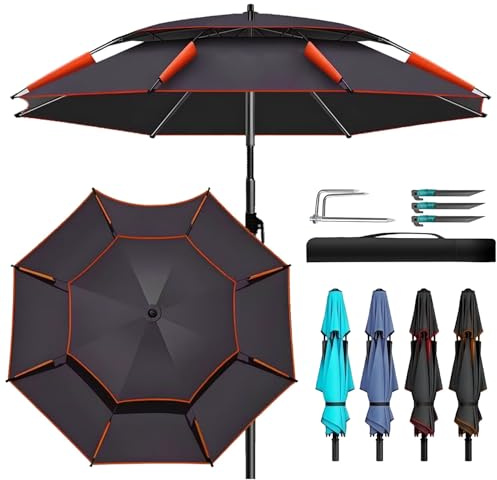 Parasol de Plage Pliable avec Sac de Transport, Parapluie de Pêche Inclinable 2/2.2/2.4/2.60m Parasols Jardin Coupe-Vent Pare-soleil Protection Solaire, pour Terrasse Patio(Noir Orange,2.0m)