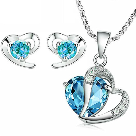 Kim Johanson Edelstahl Mädchen Schmuckset *Türkis Herz* Silber Halskette mit Anhänger & Ohrringe mit Zirkonia Steinchen Besetzt inkl. Schmuckbeutel