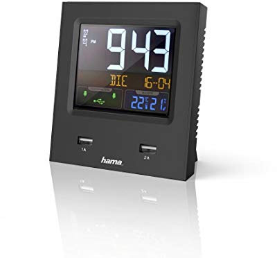 Hama Funkwecker Digital „Dual USB“ (Digitalwecker mit 2-facher USB-Ladefunktion, Speed-Alarm, 2 Weckzeiten & Snooze, Anzeige für Datum, Innentemperatur & Luftfeuchtigkeit) schwarz