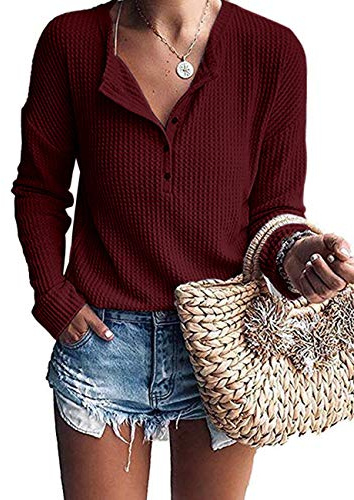WNEEDU Pull Femme à Manches Longues en Tricot Gaufré Tunique T-Shirt Chemise Henley Décontracté Col V avec Boutons